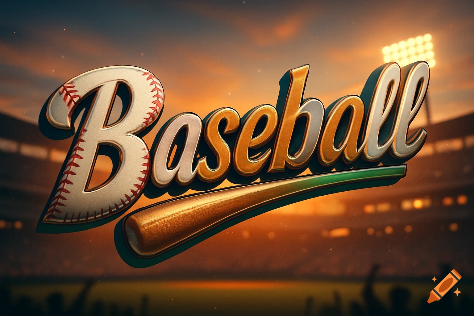 Stylized 3D text 'Baseball' in metallic and baseball-stitch textures with a bat, against a sunset stadium.