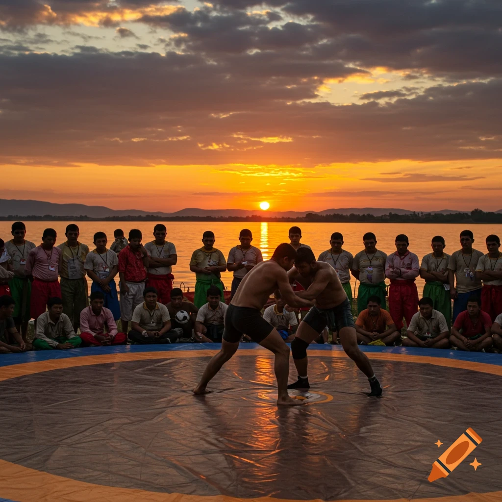 Two wrestlers grapple on a mat by a lake at sunset, with spectators silhouetted against the bright orange sky.