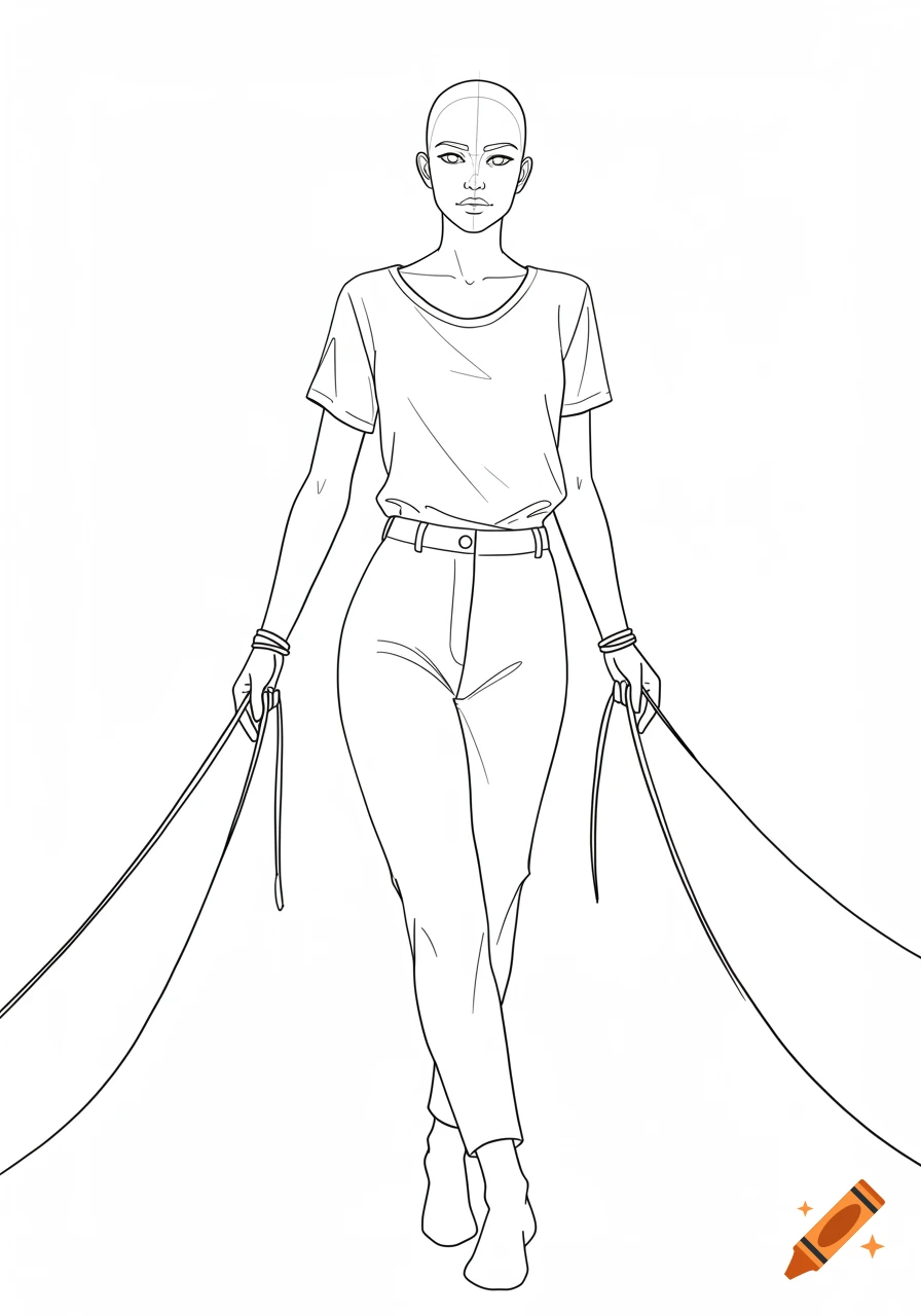 Minimalist black-and-white line art sketch of a woman in a t-shirt and pants, walking forward while holding two long straps.