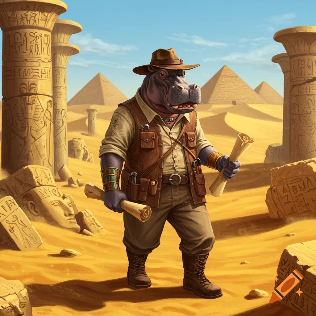 A hippo dressed as an archaeologist stands in a desert with Egyptian ruins, pillars, and pyramids under a clear sky.