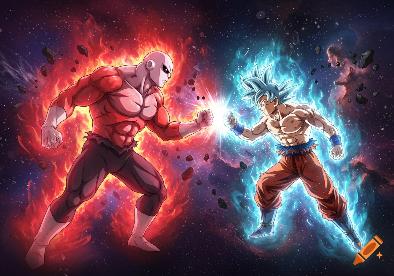 Jiren in red aura and Ultra Instinct Goku in blue aura face off in space, fists glowing, anime style.