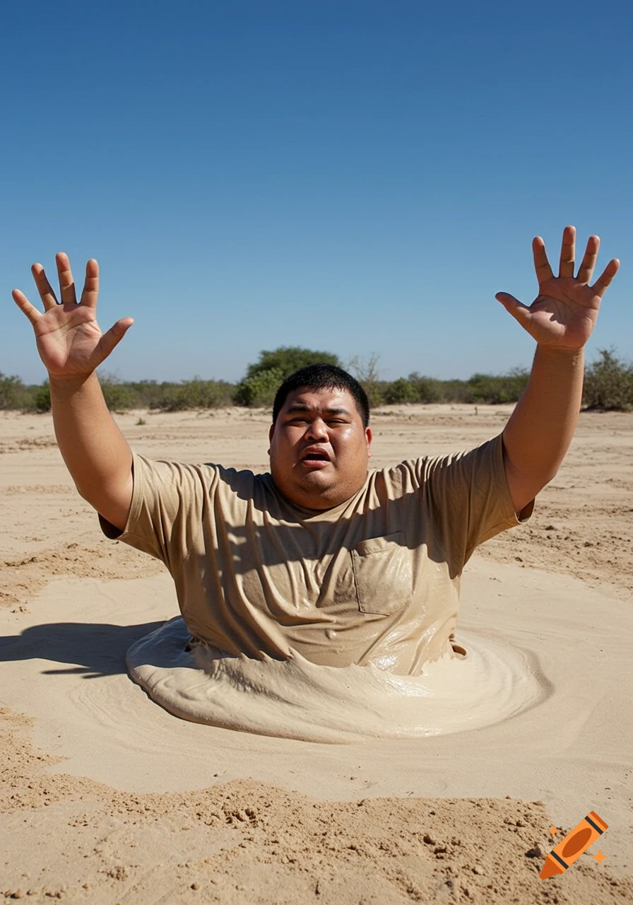 A man, waist-deep in thick, beige quicksand, raises his arms over his head in distress under a clear blue sky.
