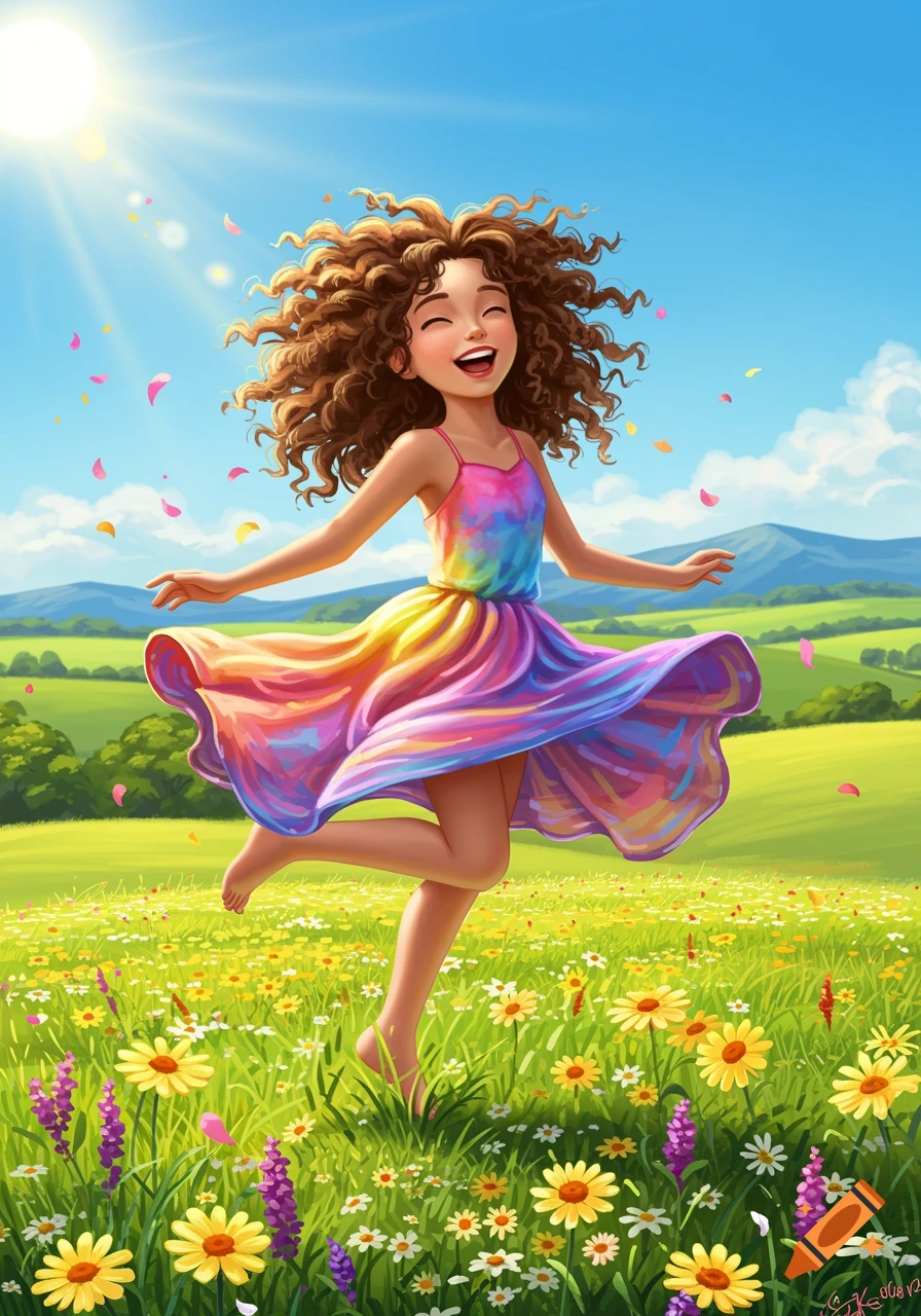 A happy cartoon girl with curly brown hair dances in a sunny green field filled with colorful flowers under a bright blue sky.