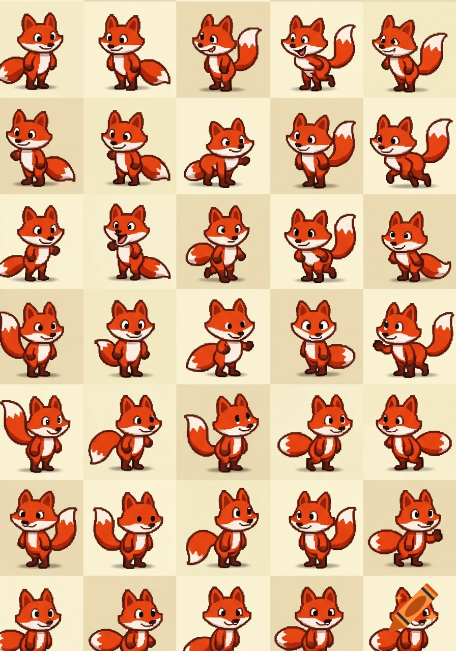A grid of multiple pixel art sprites of a cute red fox in various poses on a light background.