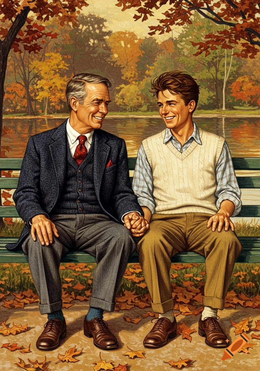 Two smiling men, an older man and a younger man, hold hands on a park bench surrounded by autumn leaves in a Norman Rockwell style.