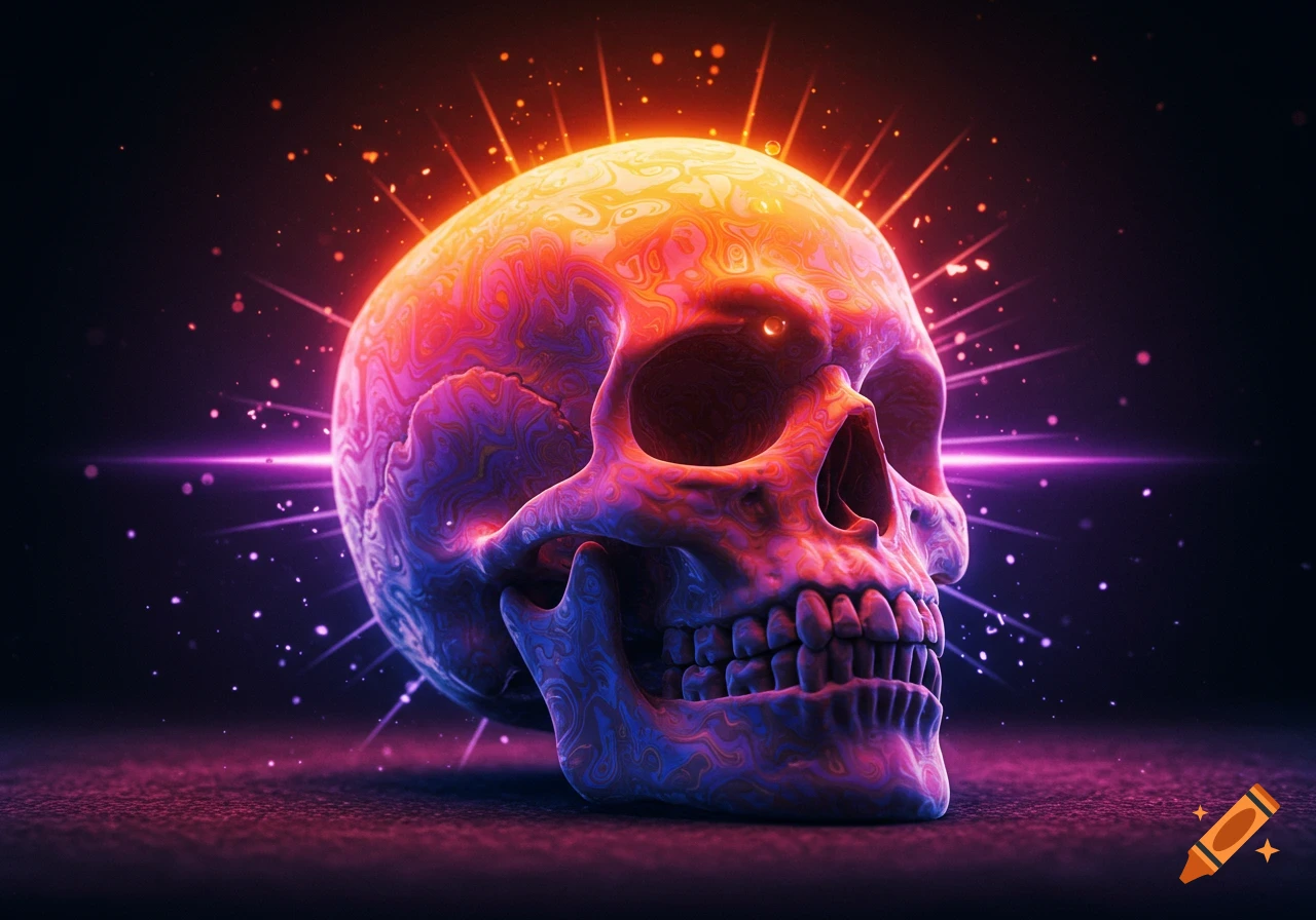 A vibrant, colorful, marbled skull glowing with neon light and particles against a dark background.