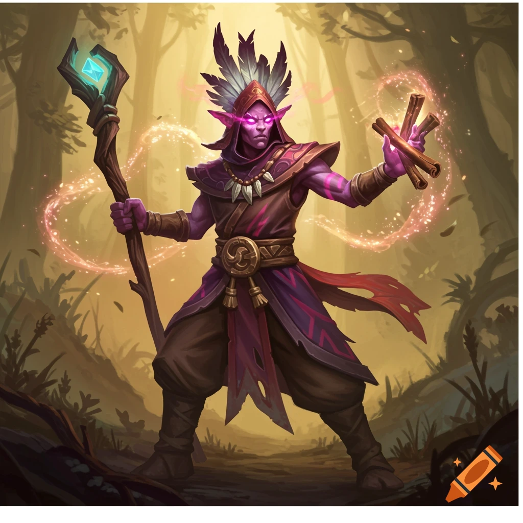 A purple-skinned fantasy elf character resembling Dazzle from Dota 2, holding a magical staff and cinnamon sticks in a forest.