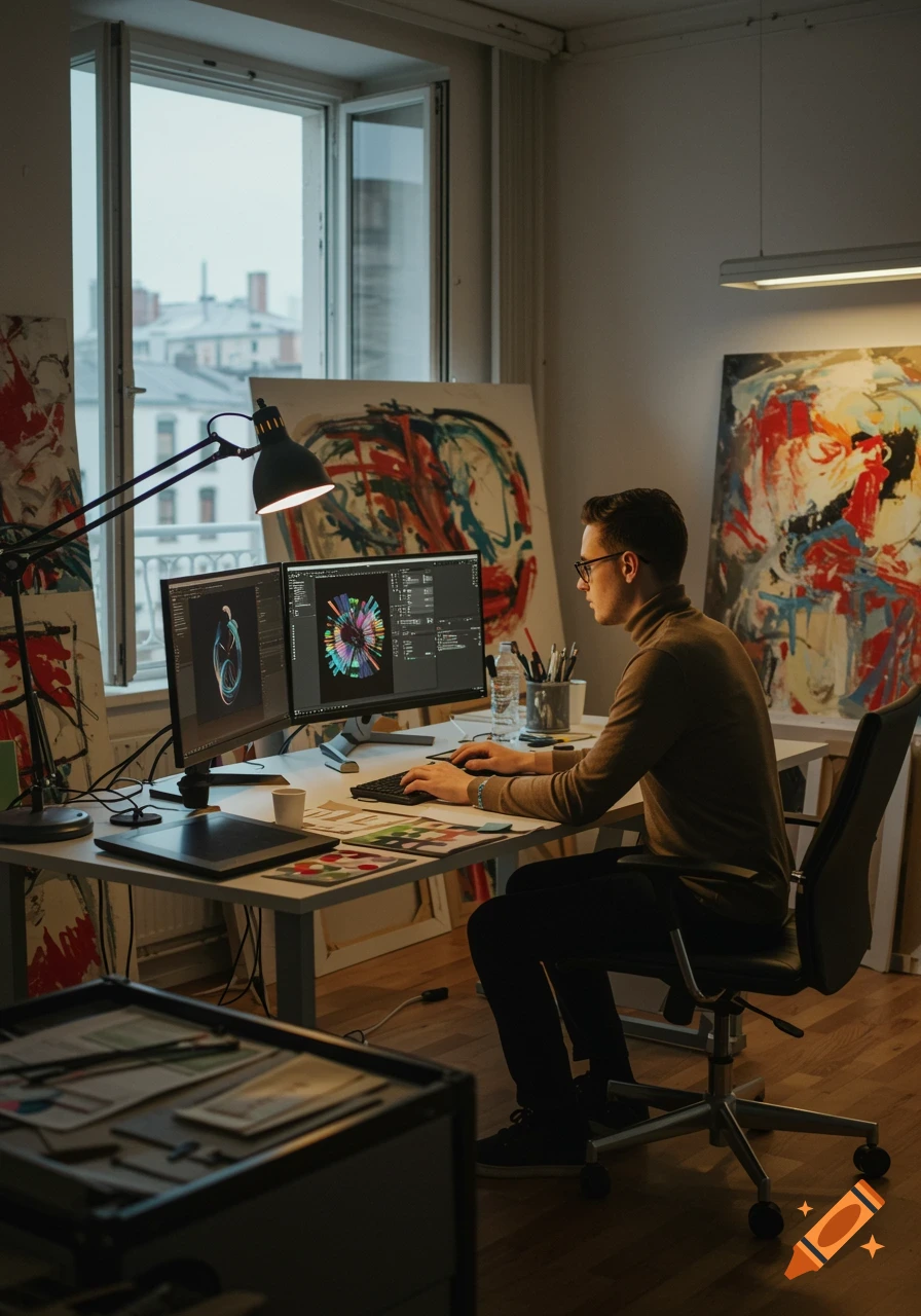 A man in a turtleneck sits at a desk, looking at two computer monitors in a creative studio with abstract art.