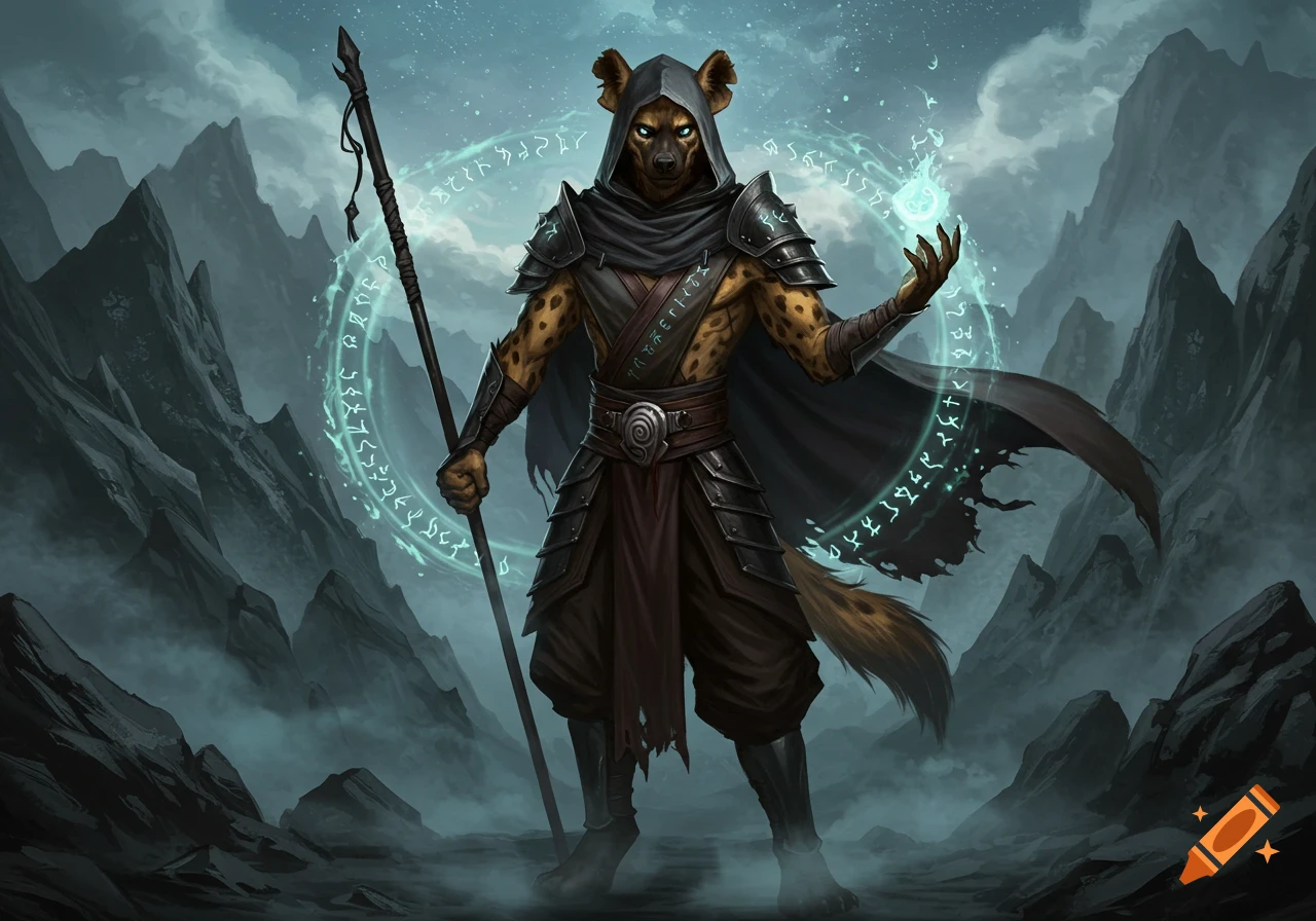 A humanoid hyena warrior in armor casts magic, surrounded by glowing runes in a misty mountain landscape.