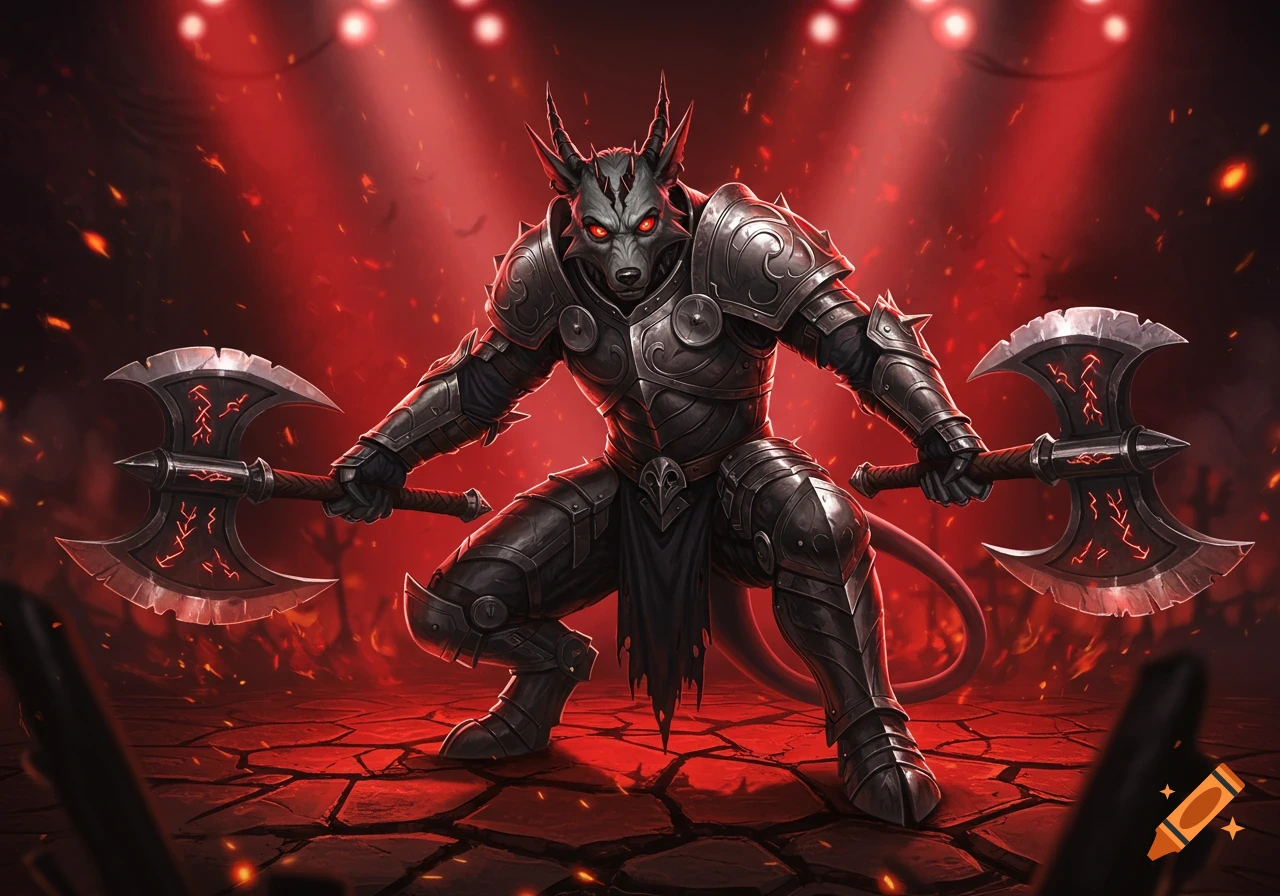 A stoic, armored hellhound-like creature with glowing red eyes crouches, holding two large battle axes with glowing runes, against a fiery red background.