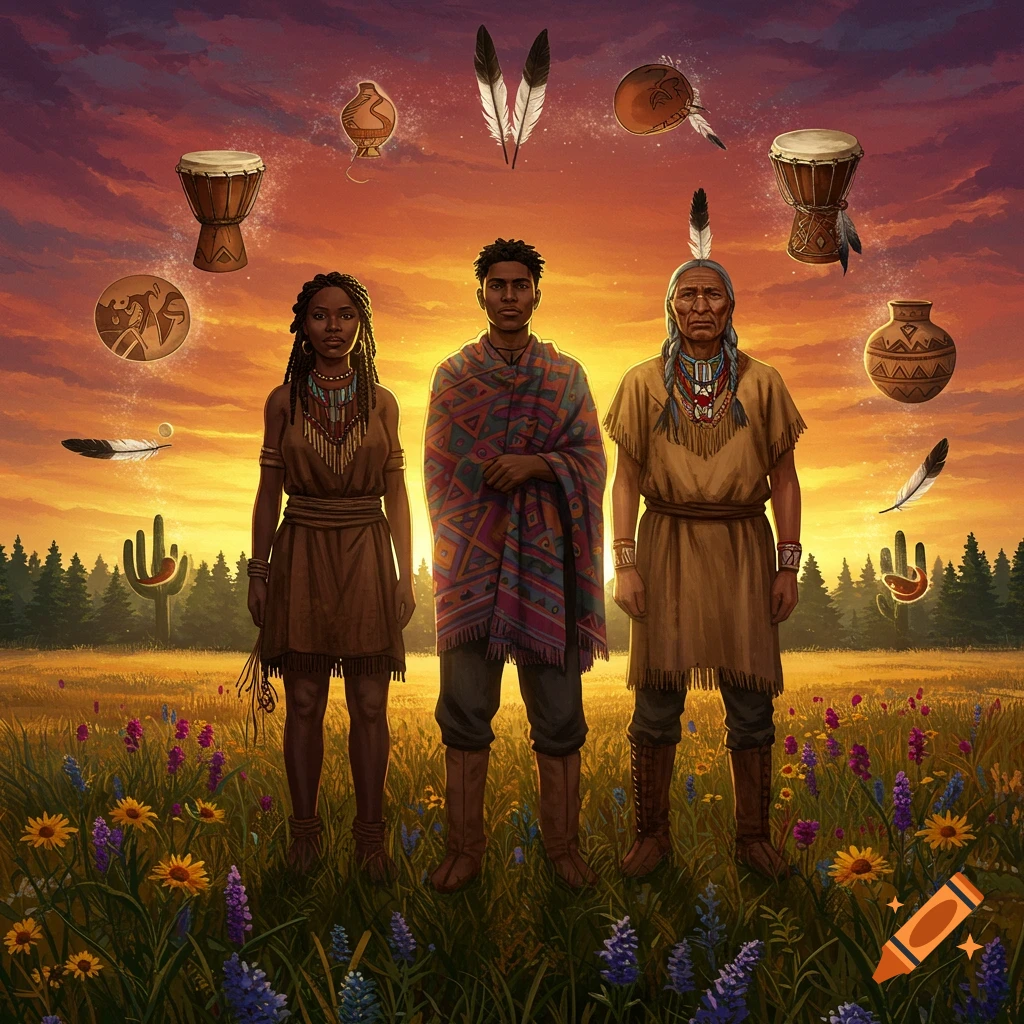 Three people, Black and Indigenous, in traditional attire stand in a vibrant field at sunset, surrounded by floating cultural artifacts like drums and feathers.