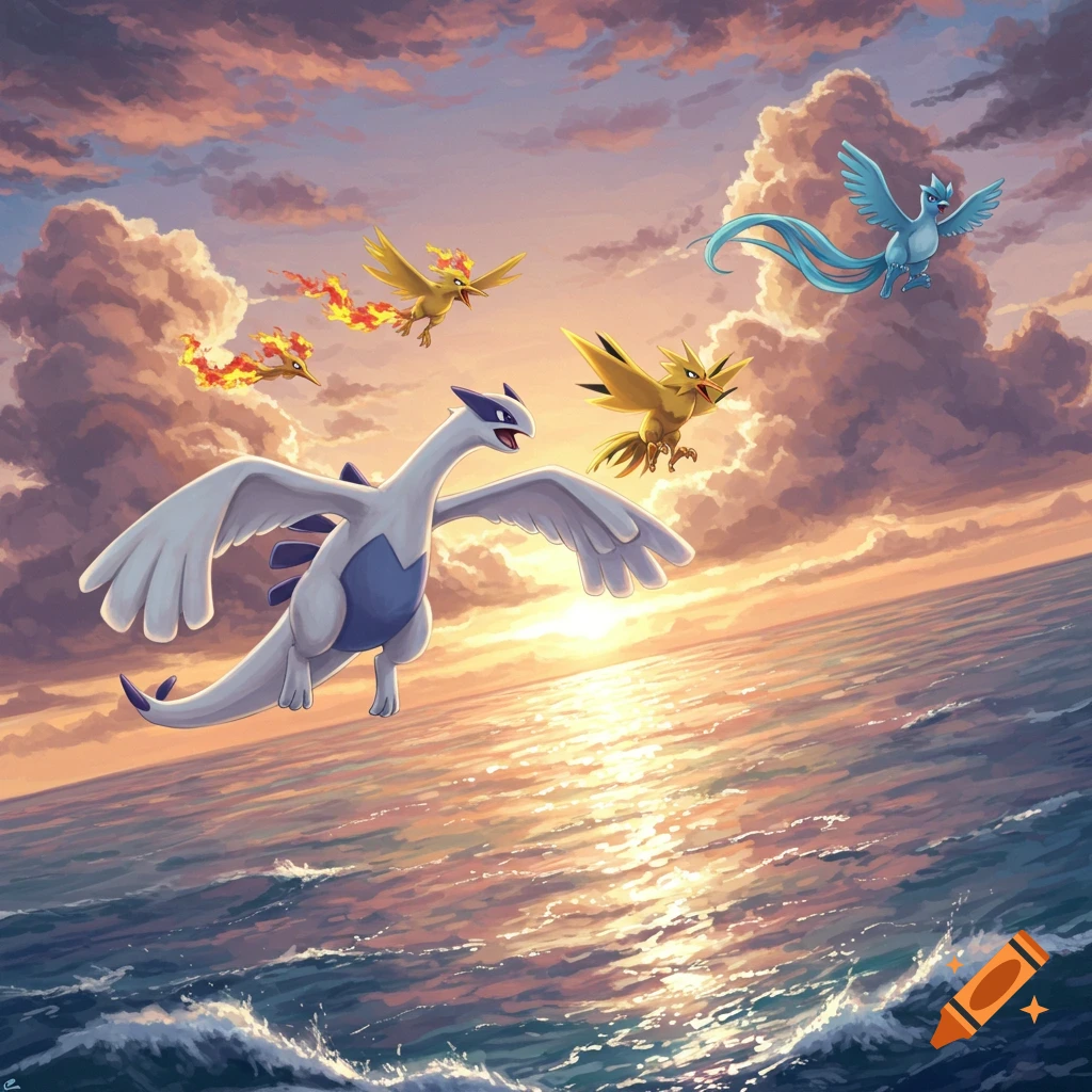 Lugia flies over a sunlit ocean with Zapdos, Moltres, and Articuno, against a vibrant sunset sky.