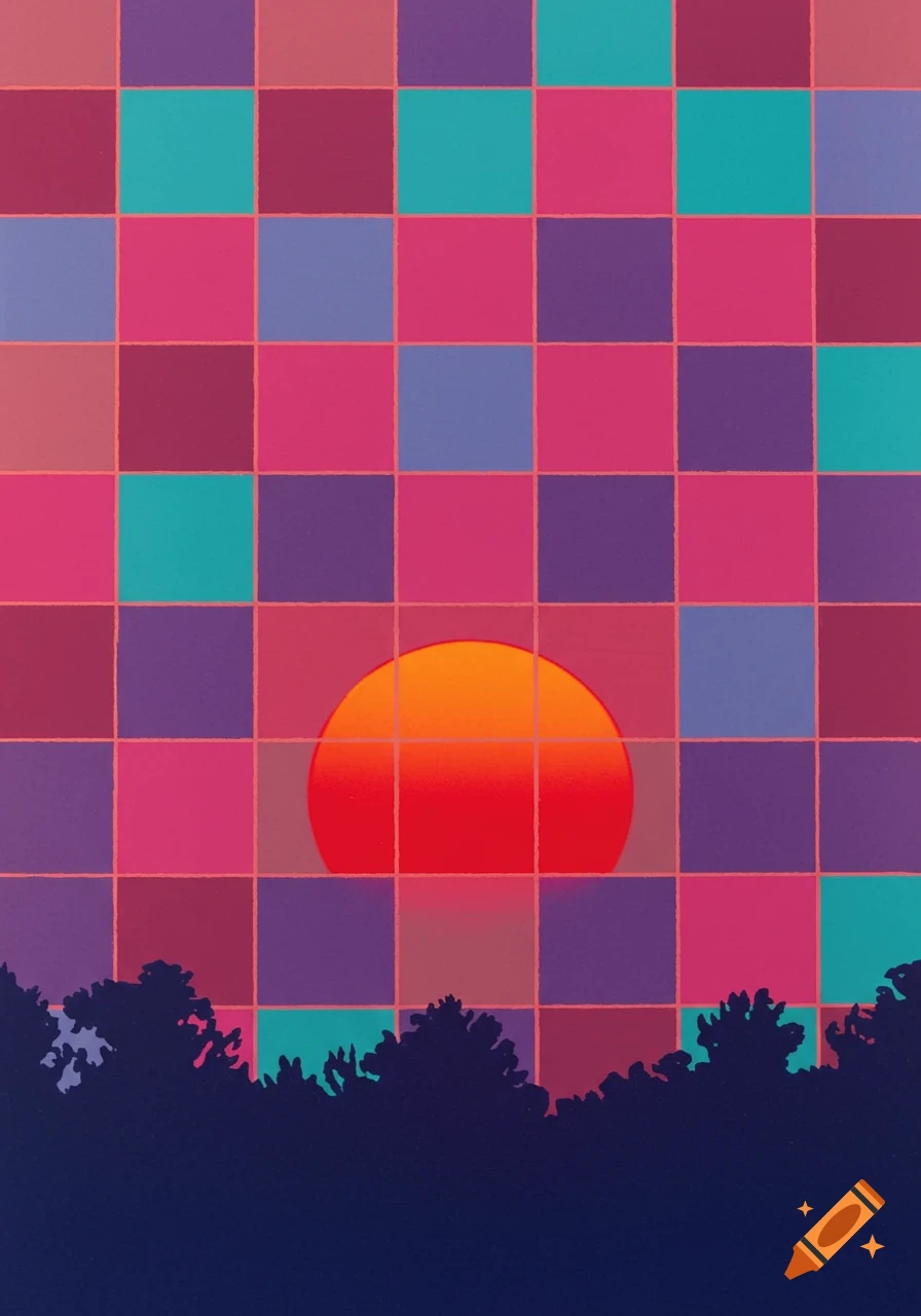 A stylized pop art landscape with a vibrant orange and red sun against a colorful checkered sky above dark silhouetted trees.