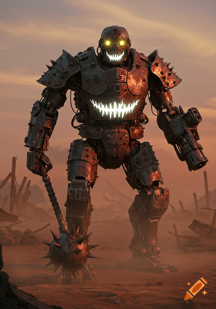 An imposing, dark mechanical robot with glowing yellow eyes and a white glowing grin stands in a desolate, rusty wasteland holding a spiked mace.