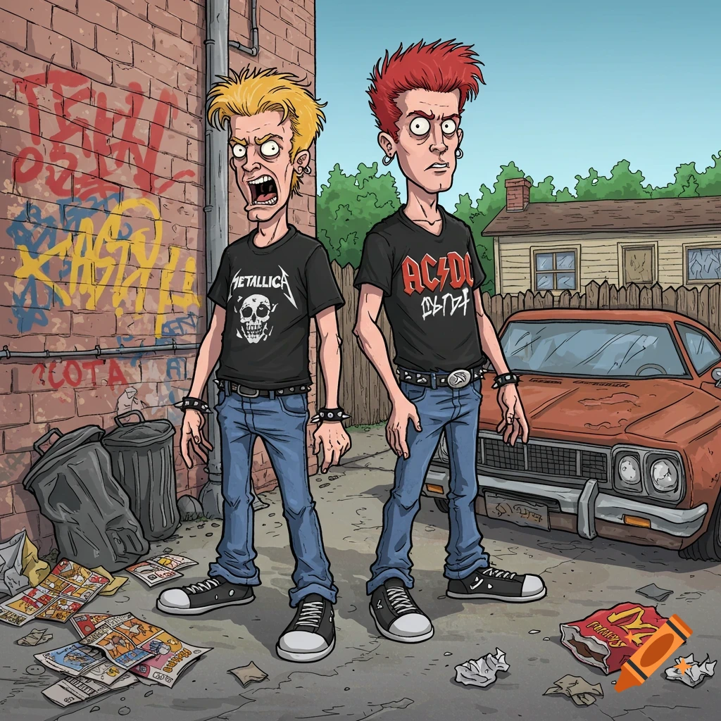 Two cartoon characters resembling Beavis and Butthead stand in a dirty alley with graffiti, trash cans, and a rusty car. One wears a Metallica shirt, the other an AC/DC shirt.