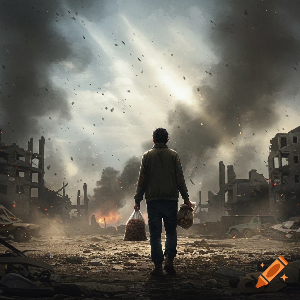 A person stands holding two bags of nuts, looking out at a devastated warzone with destroyed buildings, smoke, and debris.