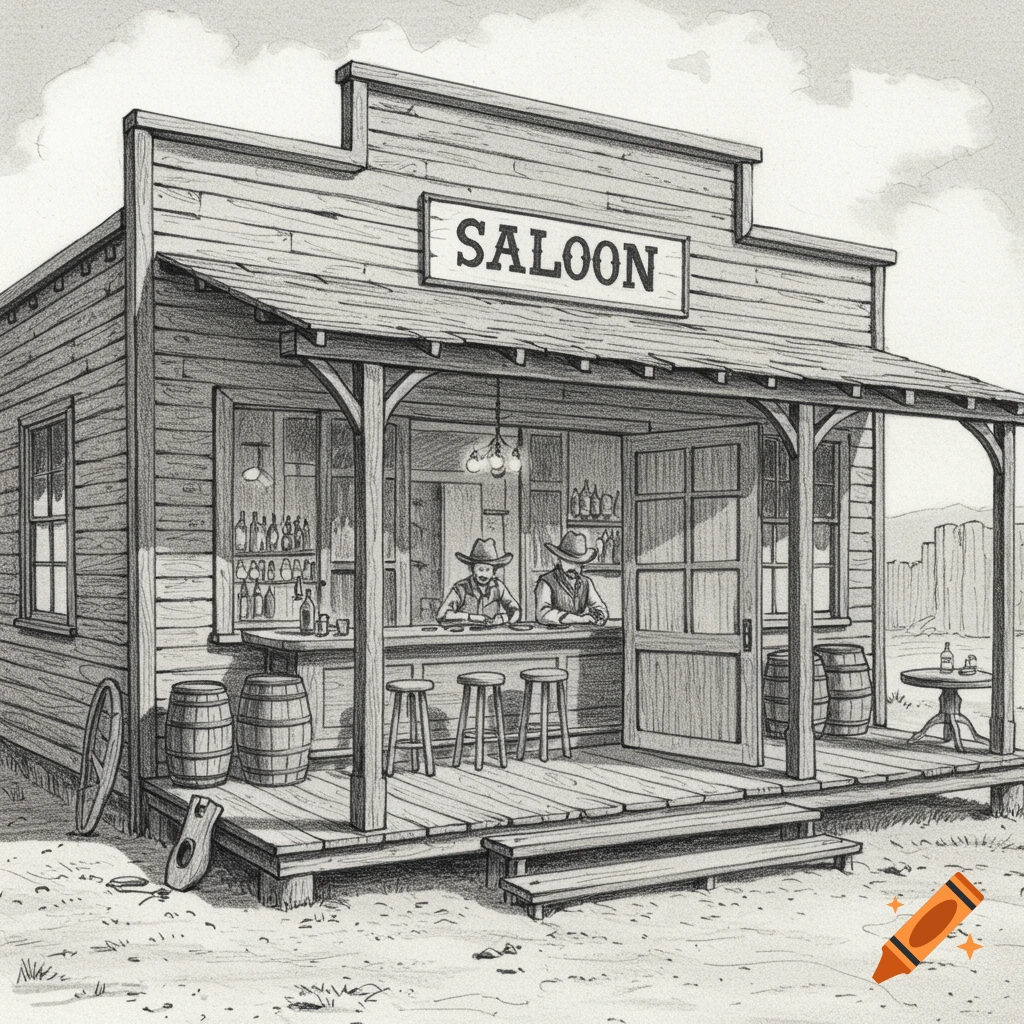 Pencil drawing of a wooden wild west saloon building with two cowboys visible inside the bar area.
