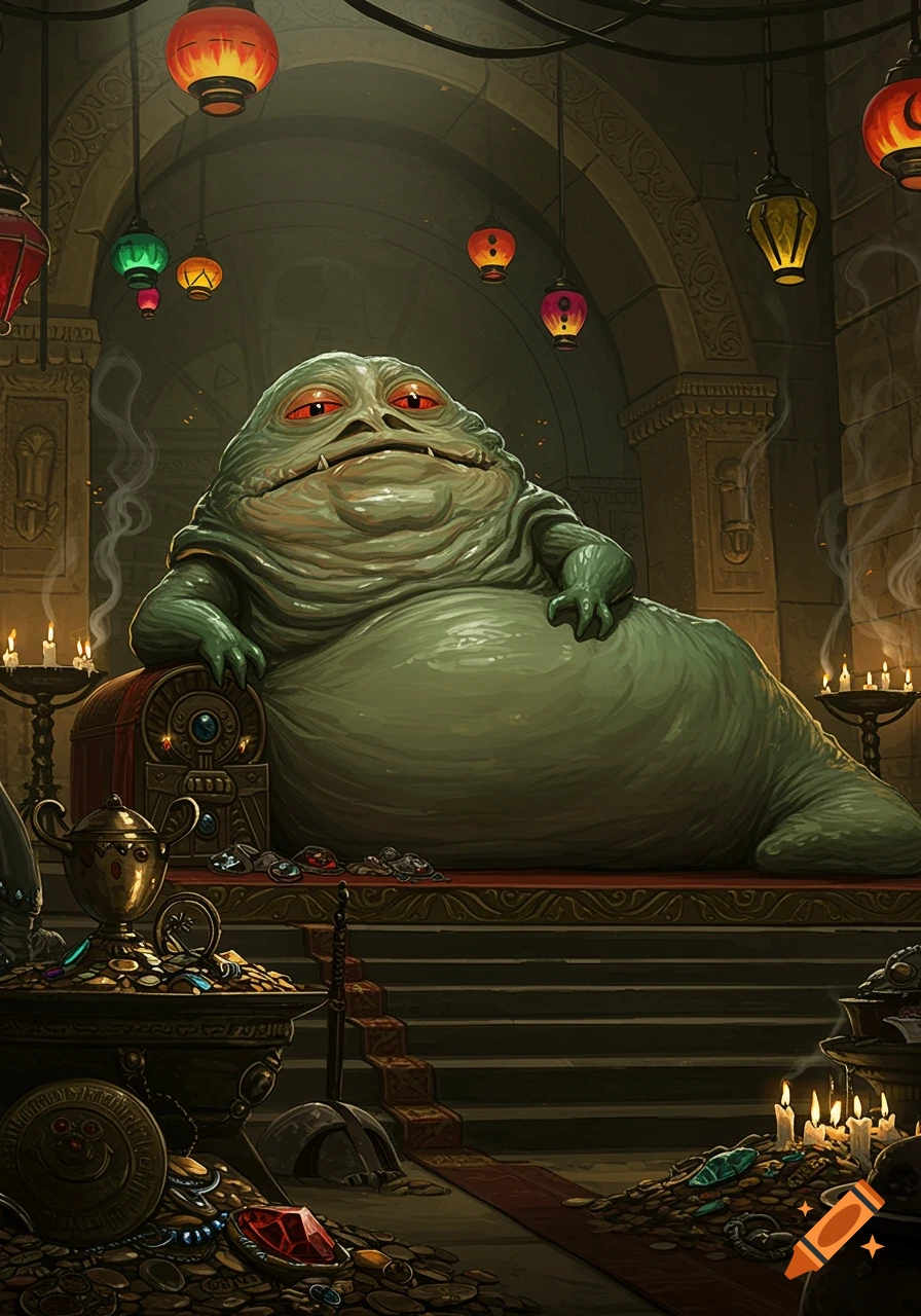 A large green slug-like creature, Jabba the Hutt, sits on a throne surrounded by piles of gold and gems in a dark, lamp-lit chamber.