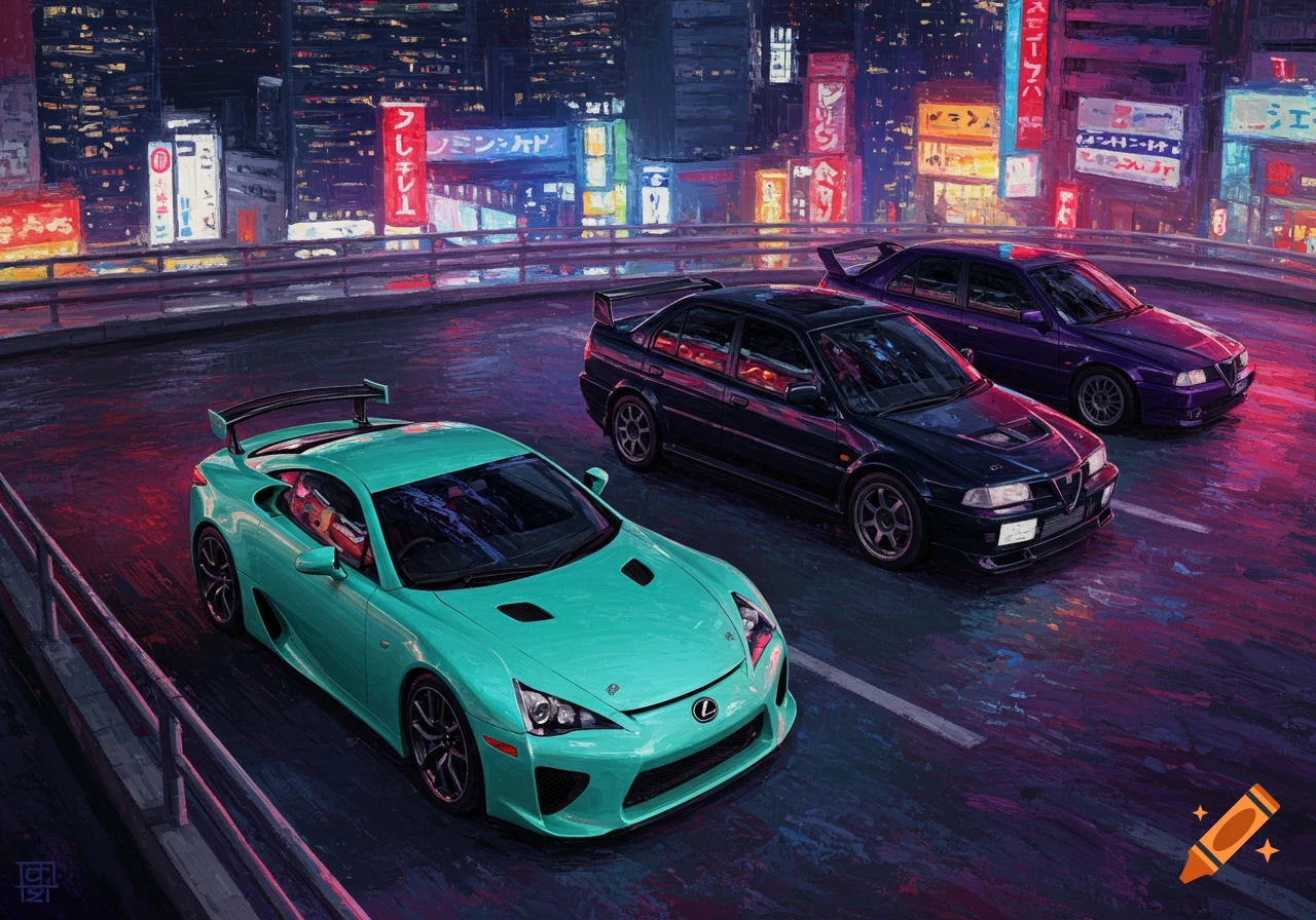 Oil painting of three cars, a teal Lexus LFA, a black Mitsubishi Evo VI, and a purple Alfa Romeo 155, on a road in a neon-lit Neo Tokyo cityscape at night.