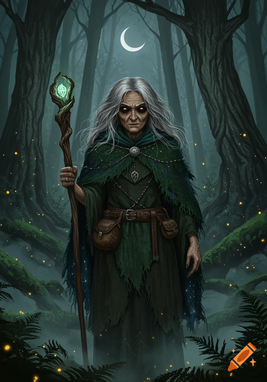 An old witch with white hair and glowing eyes stands in a dark, misty forest, holding a glowing staff under a crescent moon.