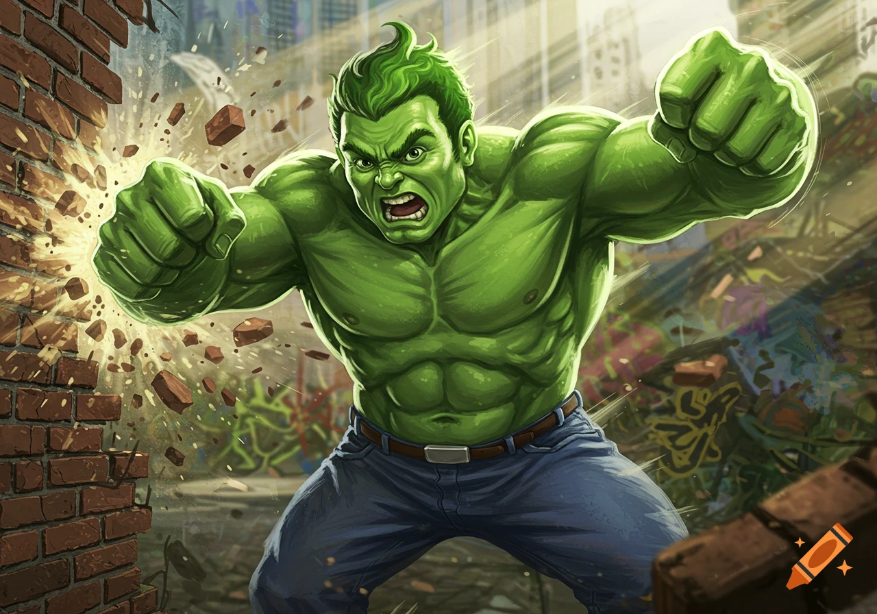 A muscular green giant punches through a brick wall, shattering it into pieces, in a dynamic comic art style.