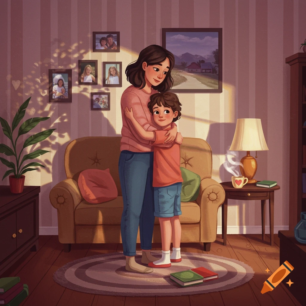 Warm illustration of a mother hugging her child in a cozy living room filled with soft light and family photos.