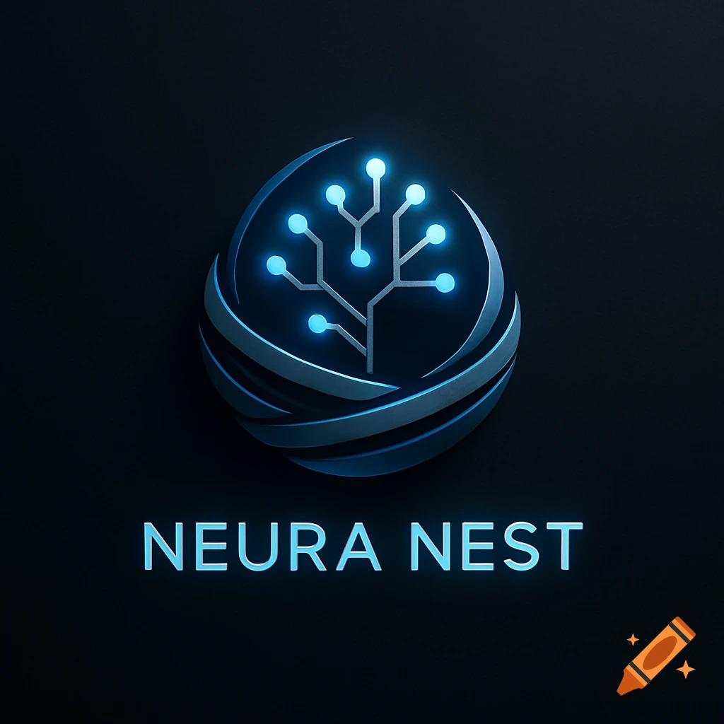 A dark blue and silver futuristic logo for Neura Nest, featuring a glowing blue circuit tree design within a globe-like structure.
