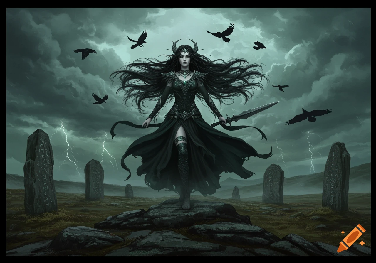A dark, powerful goddess with long black hair stands on rocks amidst ancient stones under a stormy, lightning-filled sky with circling ravens.