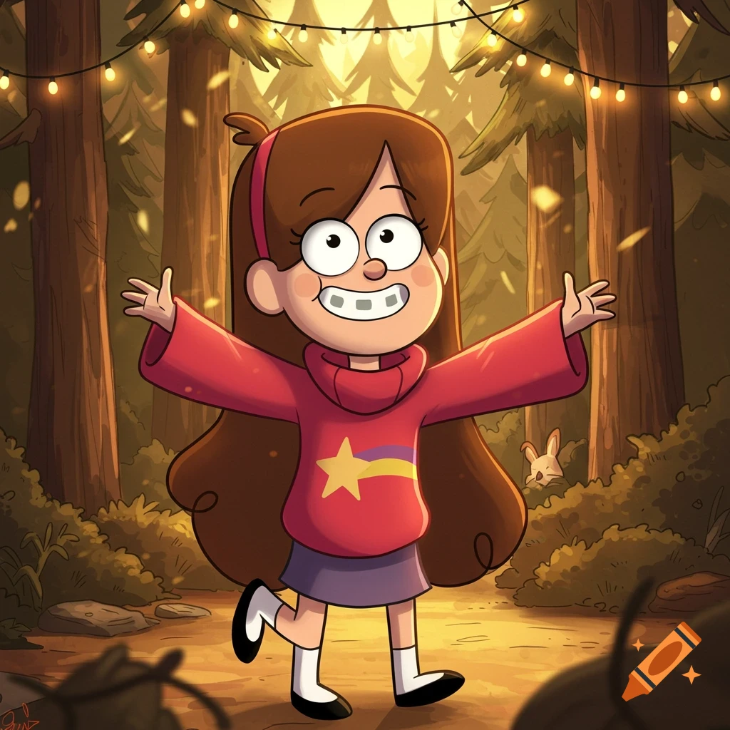 Mabel Pines from Gravity Falls, a cartoon girl with braces, smiles happily in a forest with string lights.