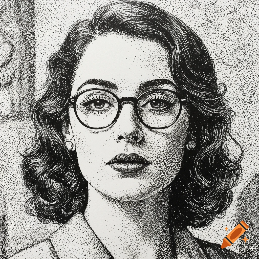 A black and white stipple art portrait of a woman with wavy hair wearing glasses.