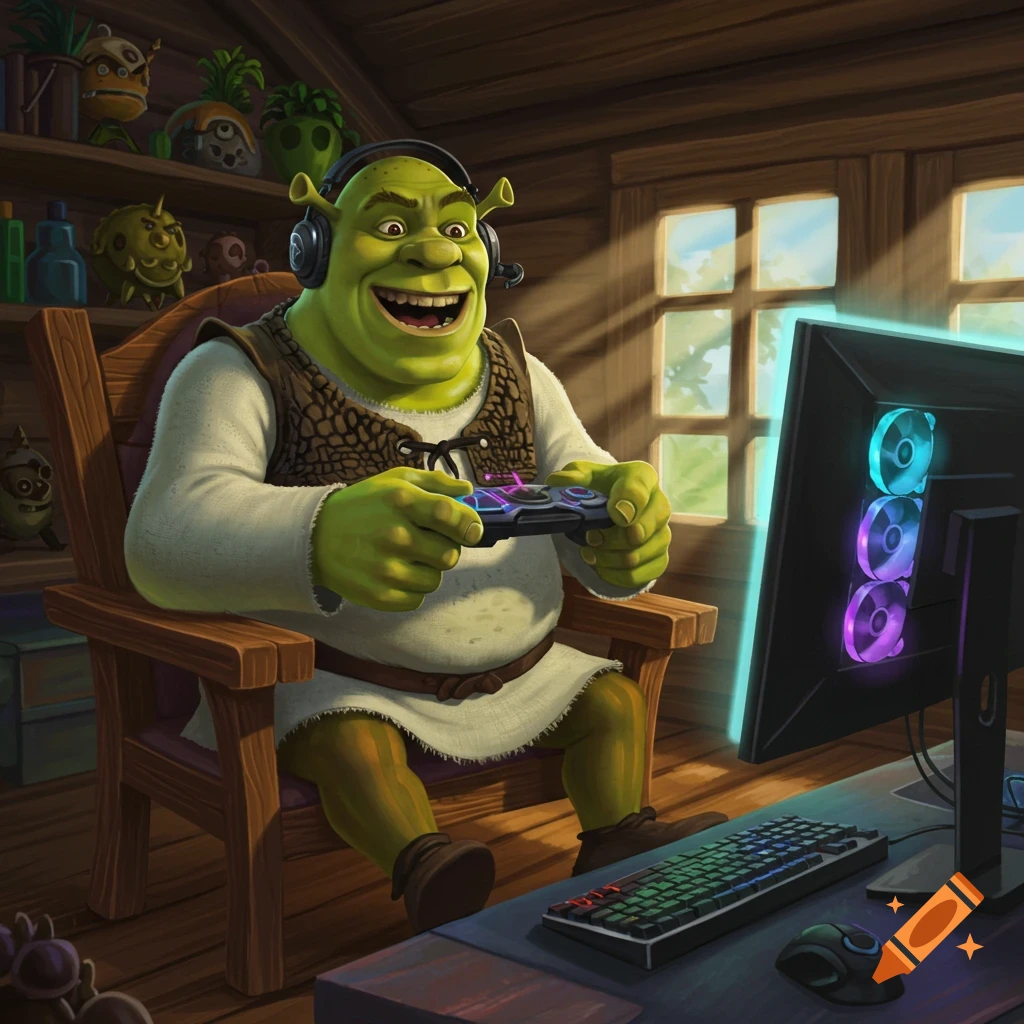 Shrek, wearing headphones, sits in a wooden chair playing a video game on a computer in a rustic cabin room, digital art.