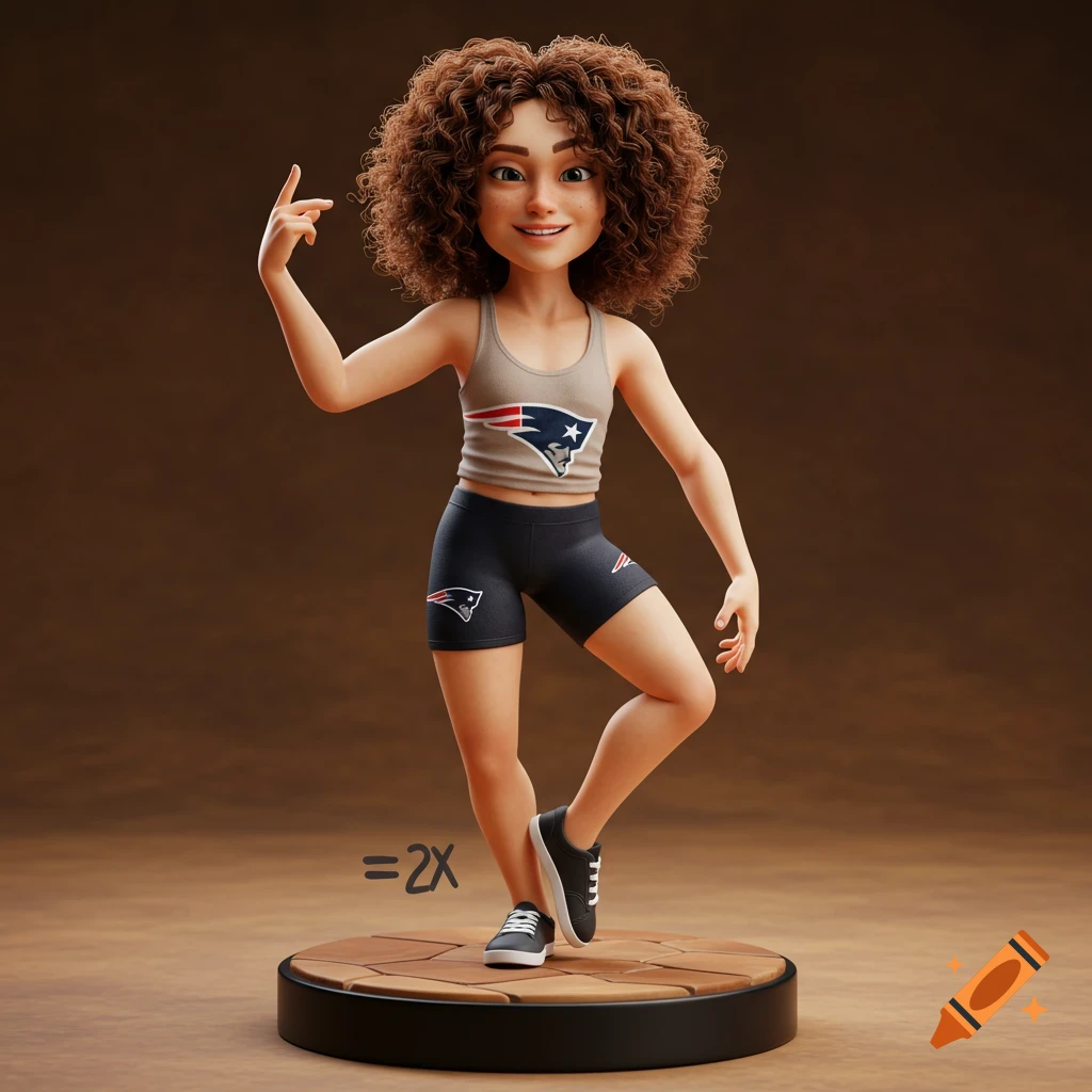 3D rendered action figure of a young person with curly brown hair, wearing Patriots gear, in a dynamic pose on a base with a math equation.