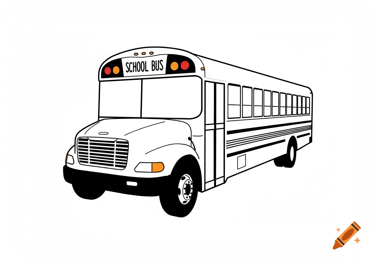 Minimalist black and white line drawing of a school bus from a front corner view.