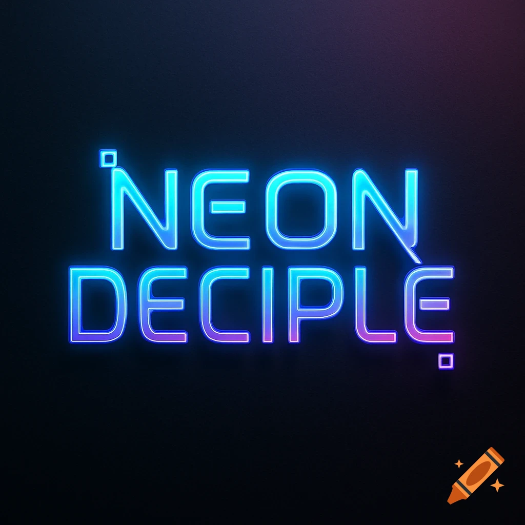 Glowing blue and purple neon text spells 'NEON DECIPLE' on a dark background.
