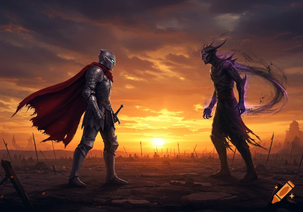 A knight in silver armor and a horned demon face off on a desolate battlefield at sunset, in a digital art style.