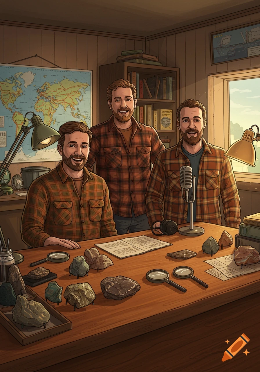 An illustrated image of three smiling men with beards in plaid shirts in a room with a large world map, rocks, magnifying glasses, and a microphone on a wooden desk.