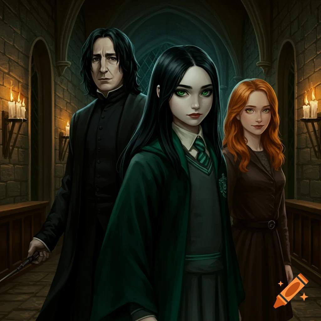 Professor Snape, a girl in a Slytherin uniform, and Lily Evans stand in a dark, candlelit stone hallway.