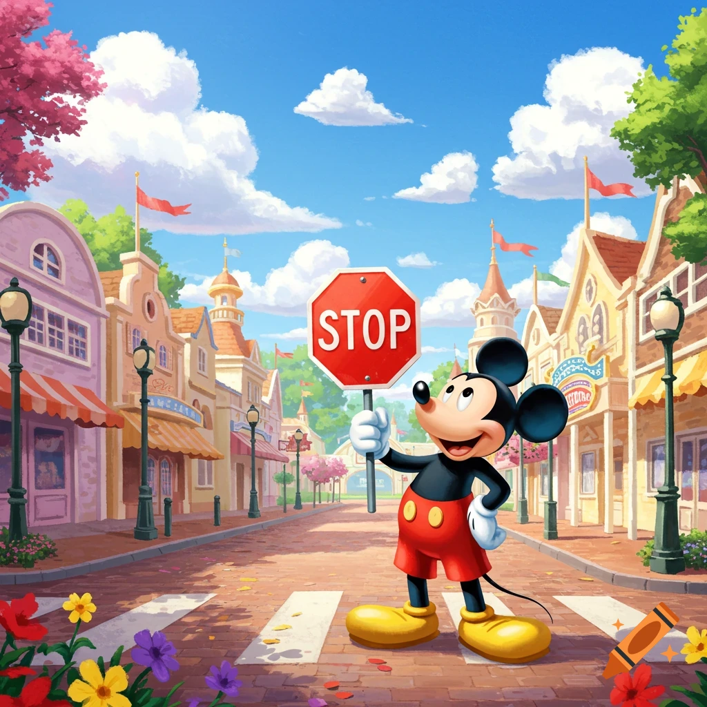 Mickey Mouse stands in a cartoon street, holding a red stop sign.