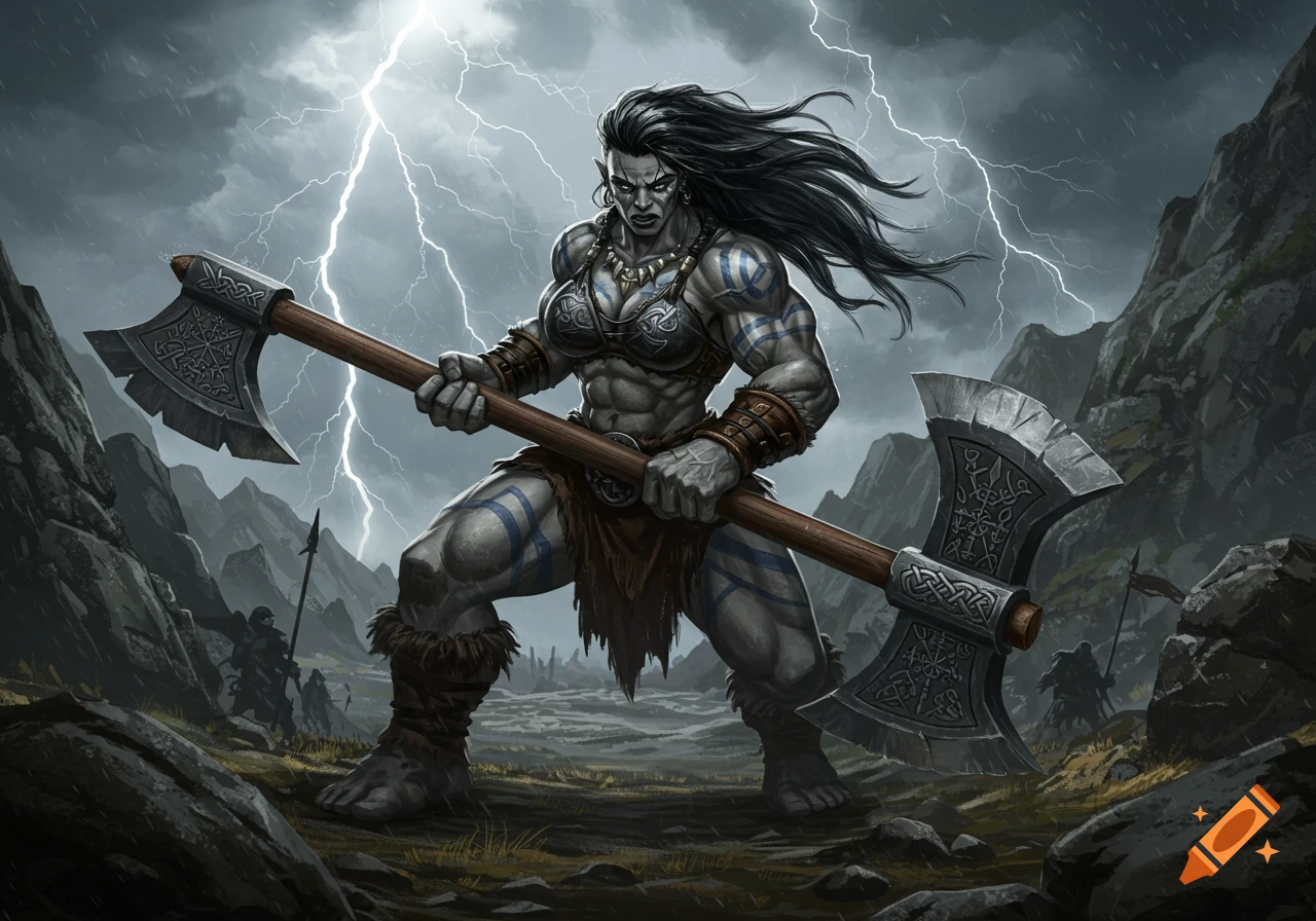 A powerful female grey goliath barbarian stands under a stormy sky, wielding a large double-bladed great axe, in a detailed fantasy art style.