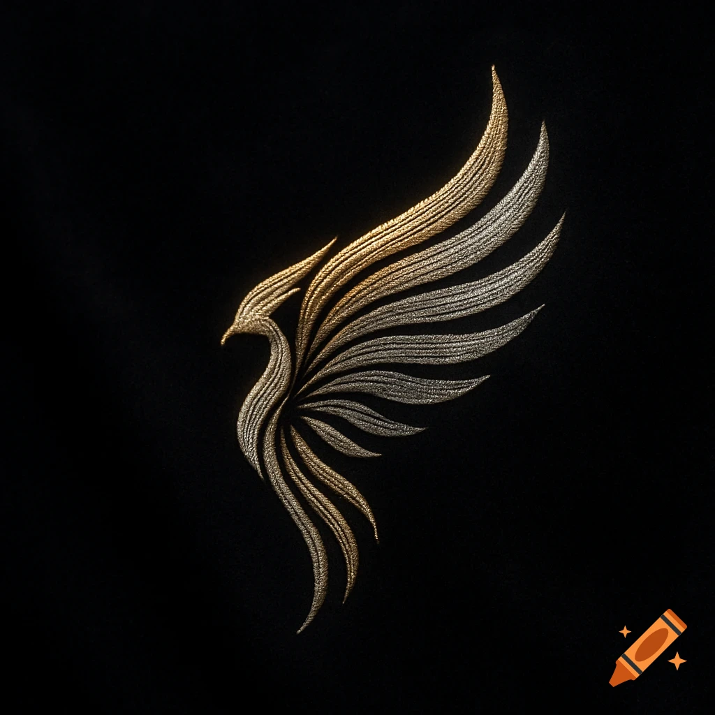 A stylized golden and silver phoenix wing emblem on a dark background, designed with a metallic thread effect.
