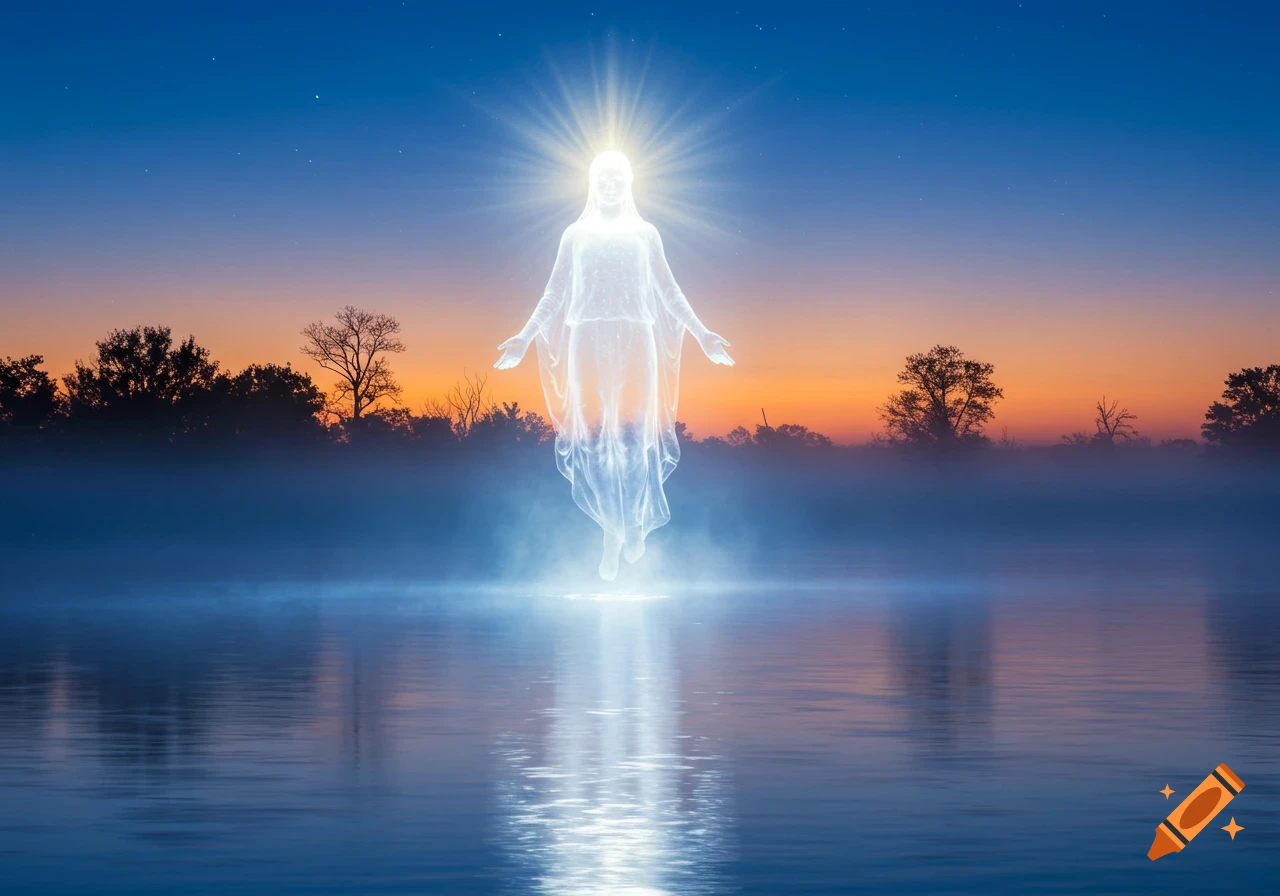 A radiant, ethereal figure hovers above calm water at sunset, surrounded by a glowing aura and reflections.