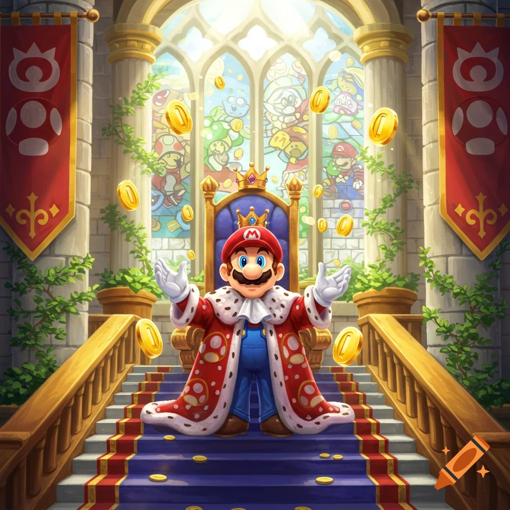 Mario, dressed as a king in a royal robe and crown, sits on a grand throne with gold coins floating around him in a castle.