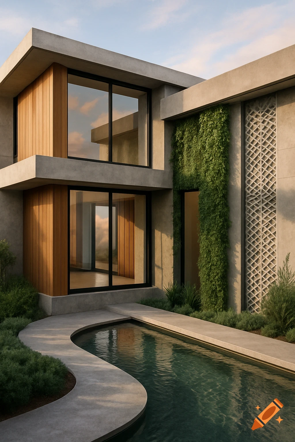 Modern concrete house with wood accents, large windows, a green wall, and a curved swimming pool under a clear sky.