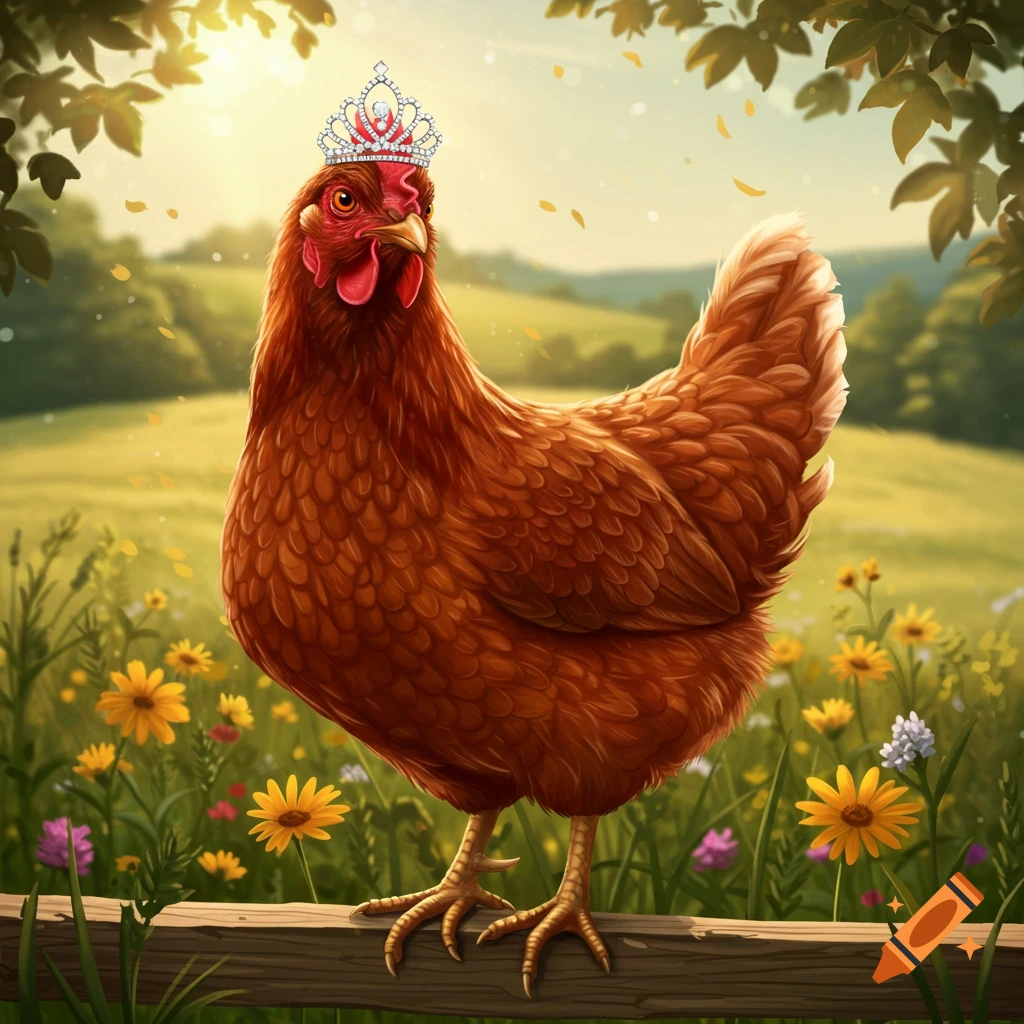 A brown chicken with a red comb wears a sparkling silver tiara while standing on a wooden fence in a sunny, green field filled with yellow wildflowers.