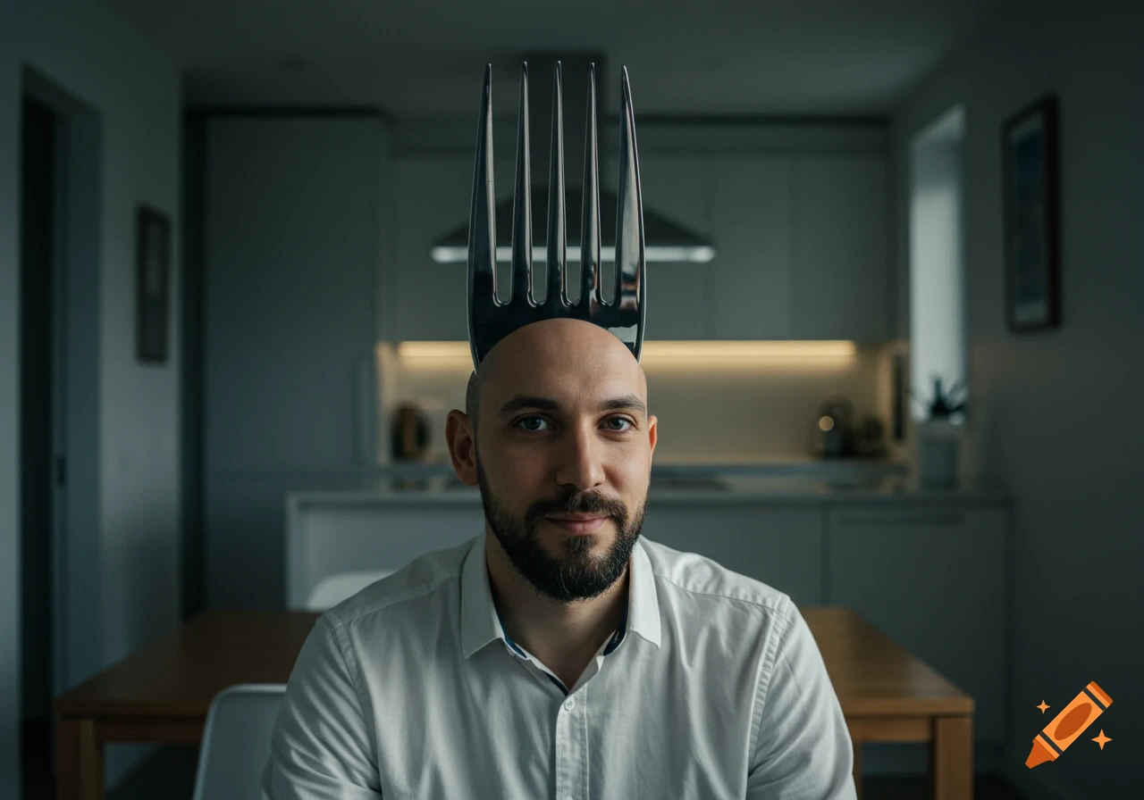 A bald man with a beard and white shirt stares forward, wearing a large black metal fork on his head in a modern kitchen.