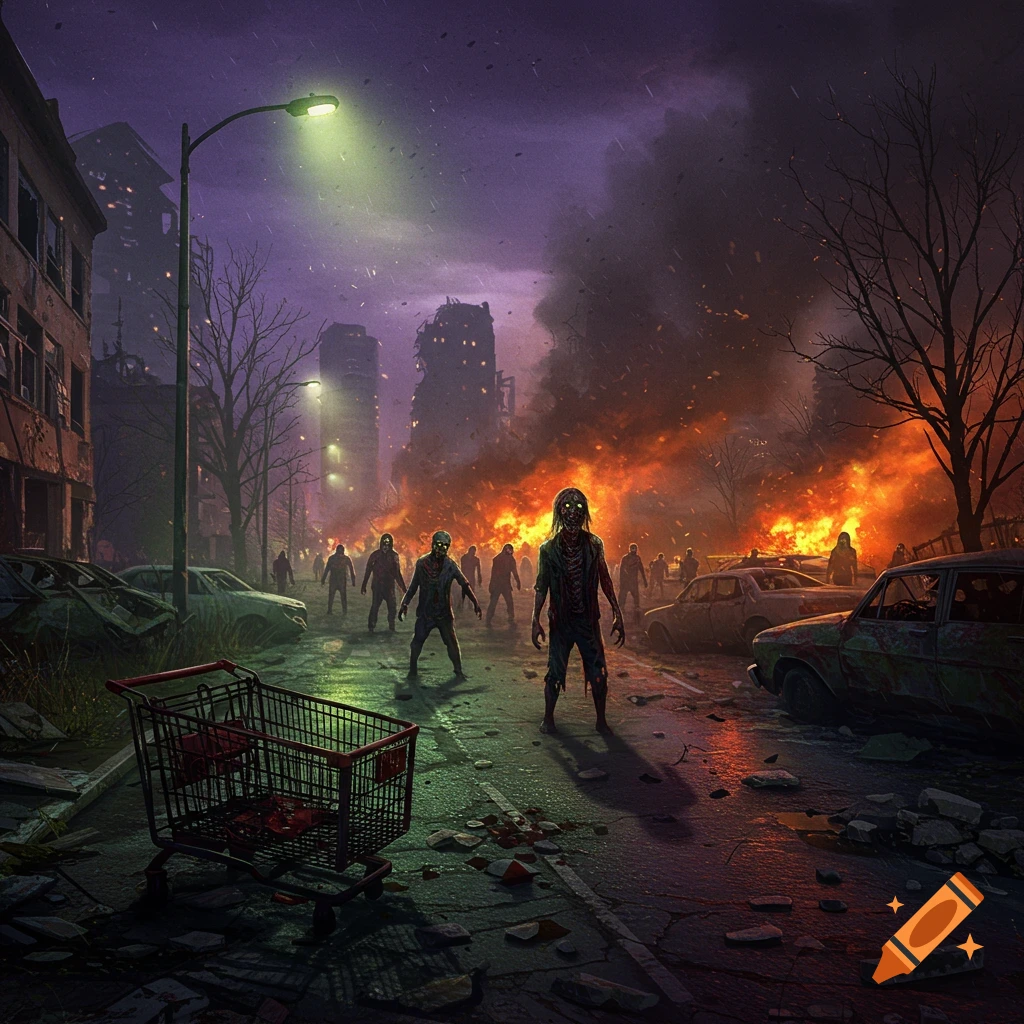Zombies with glowing eyes walk down a destroyed city street at night with burning buildings and a shopping cart.