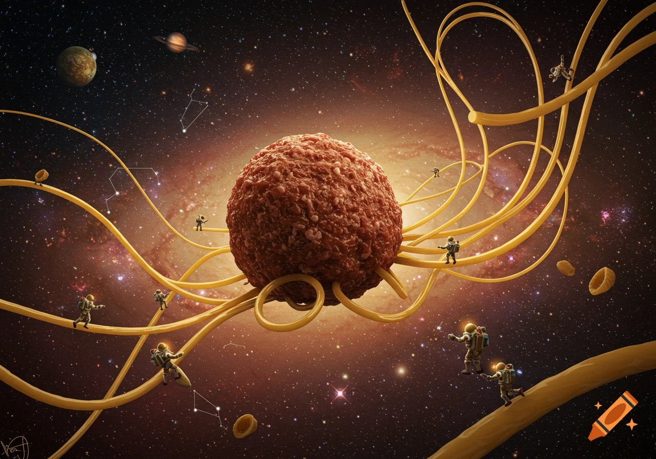 A colossal meatball galaxy with astronauts exploring on spaghetti strands and pasta rings floating in space, with planets and stars visible.