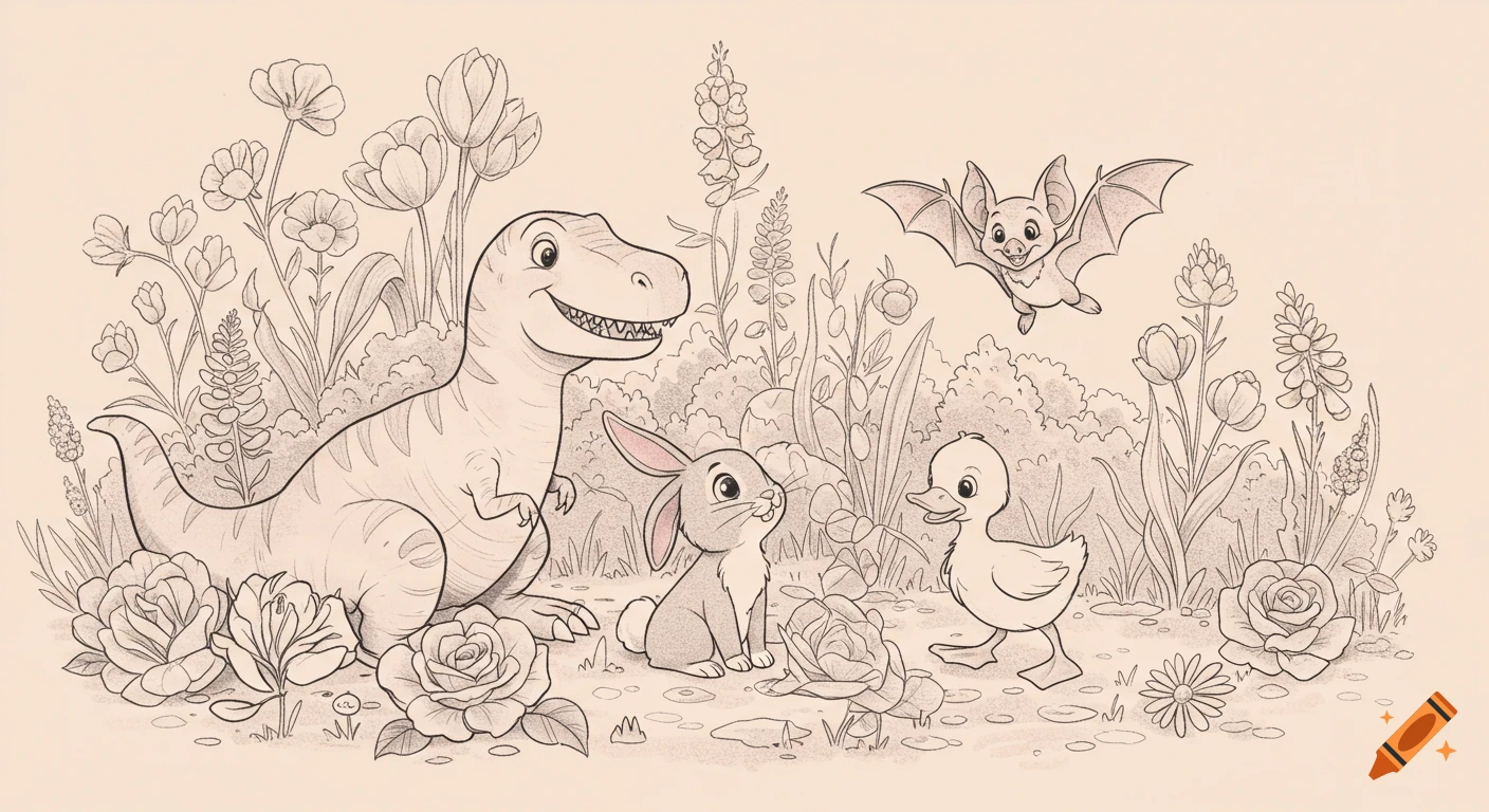 A black and white line art cartoon of a T-Rex, bunny, duckling, and bat playing together in a whimsical garden with flowers.