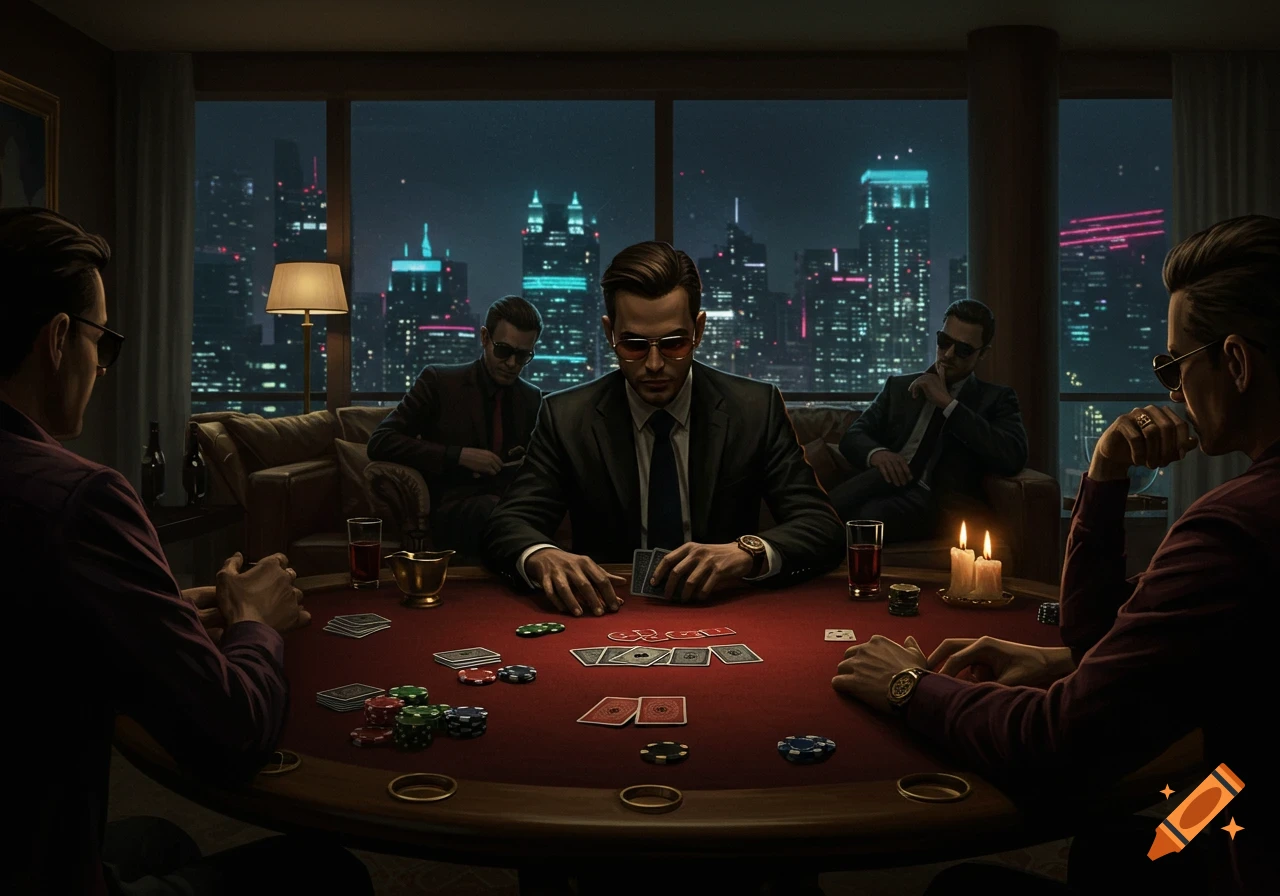 Men in suits play a low-lit poker game at a table in a luxury condo, overlooking a vibrant city skyline at night.