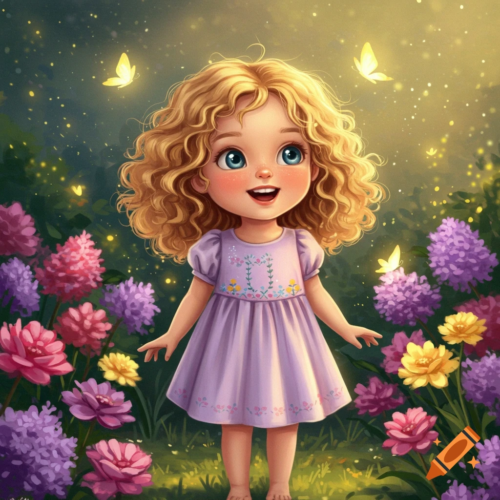 A cute cartoon girl with curly blonde hair and blue eyes, wearing a purple dress, stands smiling in a vibrant flower field with glowing butterflies.